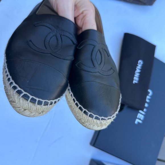 Chanel CC Espadrilles Flat Loafers Sz 40 Lambskin Leather Black - Picture 15 of 16